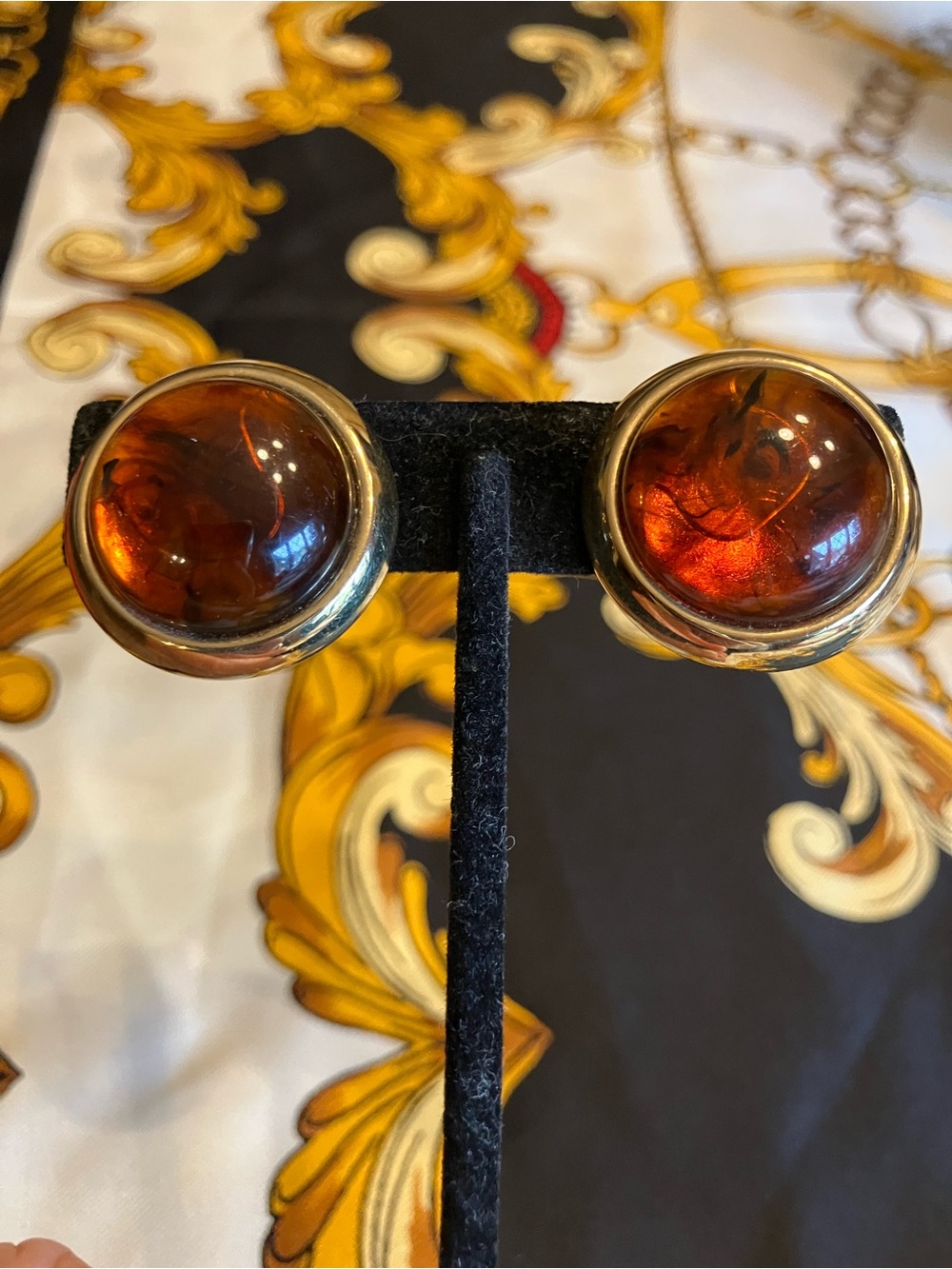 NAPIER SIGNED AMBER-TONE CABUCHON CLIP EARRINGS